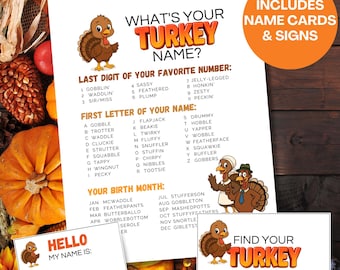 Afdrukbaar spel voor de naam van Turkije, naamgenerator voor Turkije, Thanksgiving-feestactiviteit kinderen, volwassenen familie Vrienden geven spelnaamkaartjes