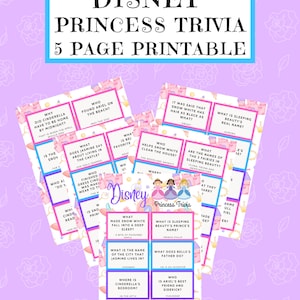 May include: A printable Disney Princess trivia game with 5 pages. The game features questions about various Disney princesses, including Cinderella, Snow White, Ariel, Belle, and Jasmine. The cards are pink and white with illustrations of the princesses.