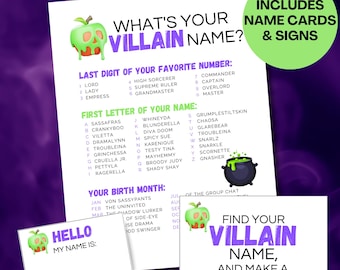 What's Your Villain Name Game Printable, Halloween Name Generator, Villain Birthday Party Games Activities, Halloween Party Game, Name Tags