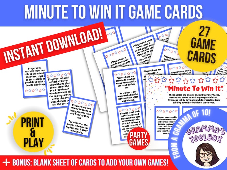 MINUTE to WIN IT Fun Family Night Game, Printable Game Cards for Kids ...