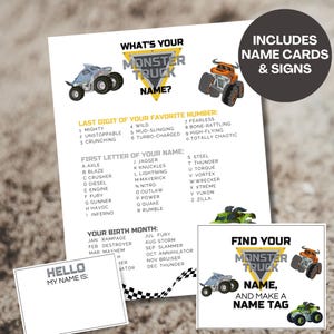 ¿Cuál es el nombre de tu Monster Truck? Juego imprimible, juegos para fiestas temáticas de terror, generador de nombres, actividades de cumpleaños para niños y niñas, decoraciones.