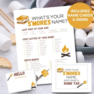 Whats Your S&#39;mores Name Game Printable S&#39;mores Party Games, Camping Birthday Party, Name Tags + Sign, Fun Camping Party for Kids and Adults