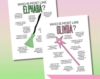 Vem är mest lik Glinda Elphaba Partylek, Wicked Födelsedagslek, Karaktärsquiz, Wicked Partyaktivitet, Trollkarlen från Oz Födelsedagsfestaktivitet