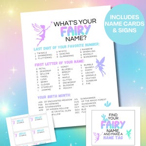 May include: A whimsical fairy name generator with a purple and blue color scheme. The design includes name cards and signs, with text such as "What's Your Fairy Name?" and "Find Your Fairy Name and Make a Name Tag."