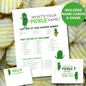 May include: A set of pickle-themed party game printables. The main sheet asks "What's Your Pickle Name?" with lists for number, letter, and birth month. Includes name cards and signs with pickle illustrations. The background is a pile of pickle slices.
