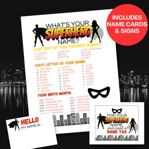 What&#39;s Your Superhero Name Game, Whats Your Superhero Name Tags, Super Hero Name Sign, Superhero Party Games, Superhero Birthday Activity