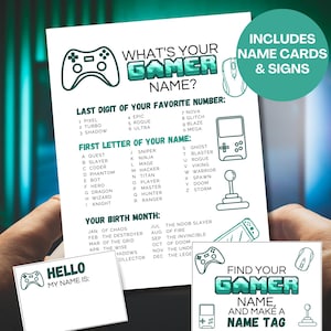 May include: A white sheet with the text "What's Your Gamer Name?" and a list of options to create a gamer name. Includes name cards and signs. Features pixelated graphics of a game controller, mouse, and handheld game console.
