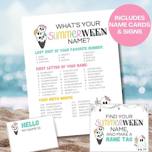 May include: A white paper game with the text "What's Your Summerween Name?" and a list of options. Includes name cards and signs. The game features ice cream cone graphics and a beach background.