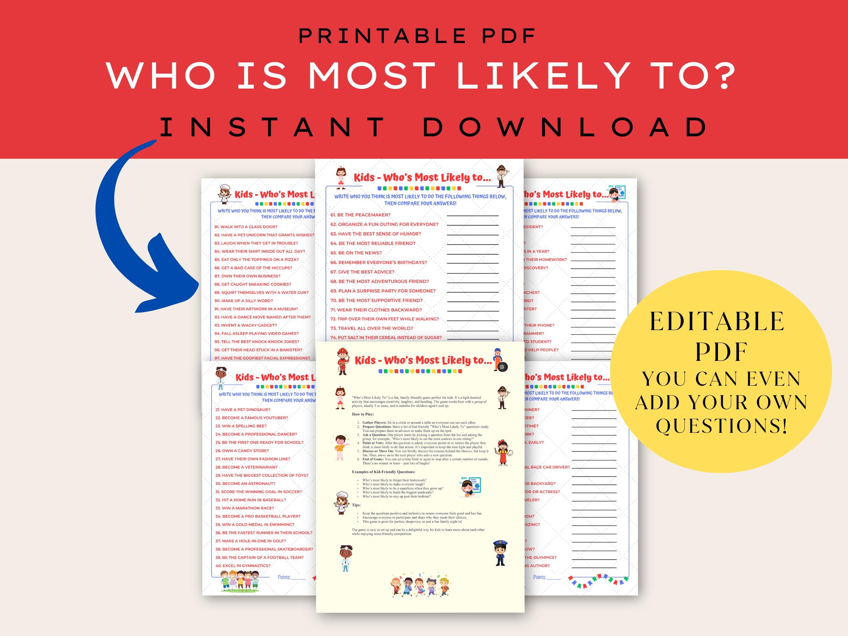 Who's Most Likely to Game Printable for Kids, Who's More Likely to Quiz