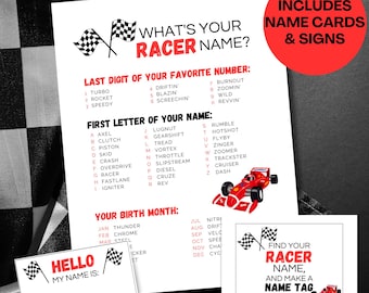 What's Your Race Car Name Game, Whats Your Racing Name Printable, Racing Birthday Party, Race Car Party, Motorsports Racing Party Activity