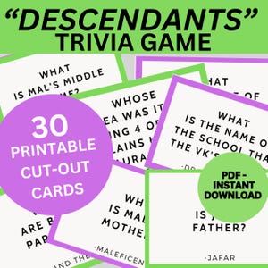 Carte de jeu-questionnaire sur les descendants imprimable, jeu de société Disney Descendants, jeu de fête d'anniversaire descendants, jeu de famille quiz descendants
