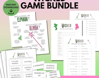 May include: A collection of printable "Wicked" themed party games. The bundle includes word scrambles, charades, and "Would You Rather" games, all featuring characters and elements from the musical. The games are designed for instant download.