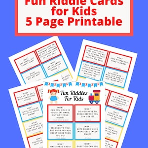 May include: A set of colorful printable riddle cards for kids. The cards feature a variety of riddles with answers, including a train, a doll, and a clock. The cards are designed to be fun and engaging for children.