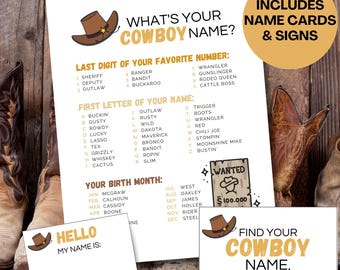Gioco Feste A Tema Cowboy: Qual è Il Tuo Nome Da Cowboy? - Cartello + 30 Adesivi Targhette Per Compleanni E Feste A Tema