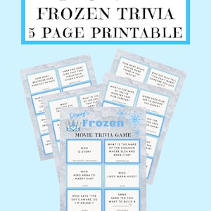 Op de afbeelding: Een printbaar Disney Frozen trivia-spel met een blauwe en witte sneeuwvlokkenachtergrond. Het spel bevat vragen over de film Frozen, zoals "Wie is Sven?" en "Wie vraagt Anna ten huwelijk?"
