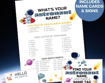 Juego "¿Cuál es tu nombre de astronauta?", juego para fiesta de cumpleaños espacial, generador de nombres de astronauta imprimible, actividad para fiesta espacial para niños y adultos, etiquetas de nombres