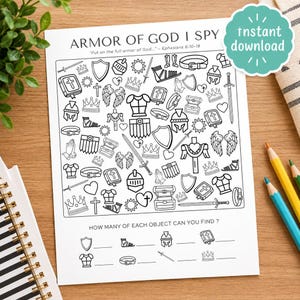 Può includere: Un foglio di attività I Spy Armor of God in bianco e nero con illustrazioni al tratto di spade, scudi, elmi, corone e bibbie. La pagina include il testo Armor of God I Spy, Put on the full armor of God e How many of each object can you find?