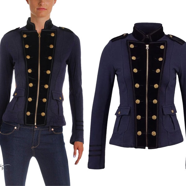 Women's Blue Wool Military Jacket Army Commander Officer Band Trench Steampunk