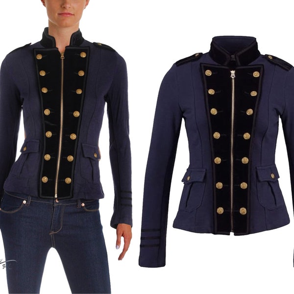 Veste militaire en laine bleue pour femme, commandant de l'armée, officier de bande, Trench Steampunk