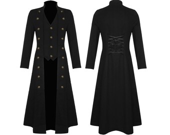 Men's Steampunk Military Black Trench Coat Long Victorian Jacket Gothic VTG