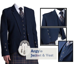 Ensemble veste kilt en laine à carreaux bleus des Highlands écossais avec gilet/gilet - Tailles « 36-54 »