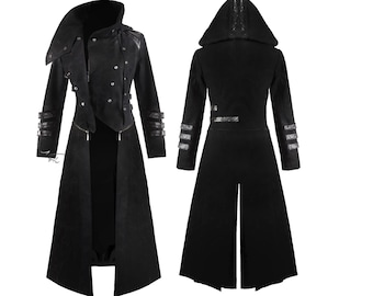 Men's Black Steampunk Military Trench Jacket Gothic Long Coat Scorpion Hooded Trench