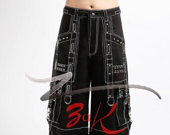 Heren gothic zwart bezaaid met afneembare bandjes broek punk rock shorts