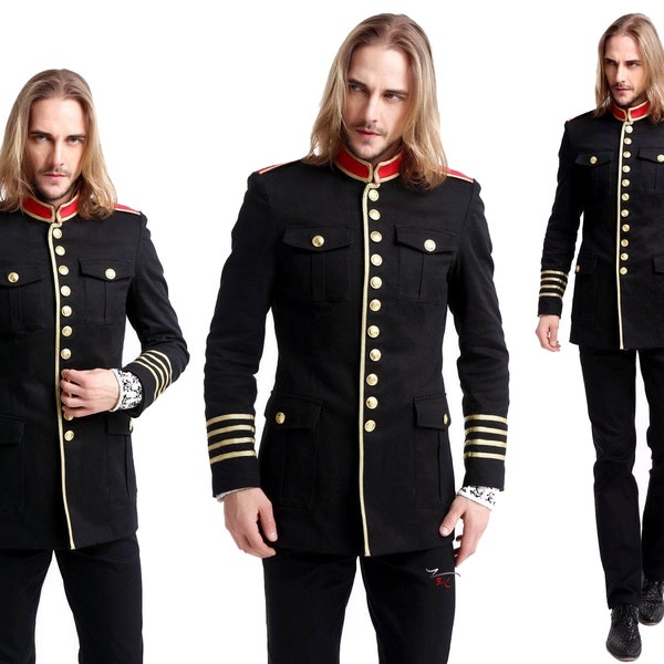 Veste de commandant de hussard pour officier militaire steampunk en laine noire