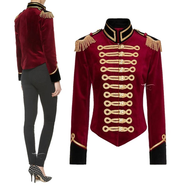 Nouvelle veste de hussard pour femme en velours rouge avec tresse dorée pour femme