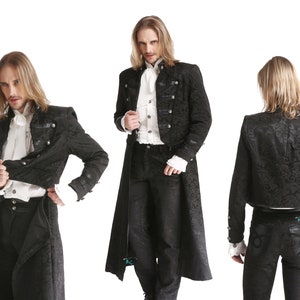 Men Black Brocade Long Retractable Gothic Coat Steampunk Victorian Wedding Outfit Trench Jacket