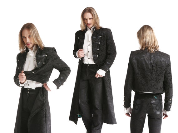 Men Black Brocade Long Retractable Gothic Coat Steampunk Victorian Wedding Outfit Trench Jacket