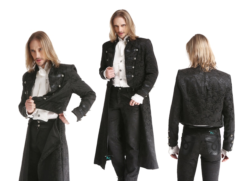 Men Black Brocade Long Retractable Gothic Coat Steampunk Victorian Wedding Outfit Trench Jacket