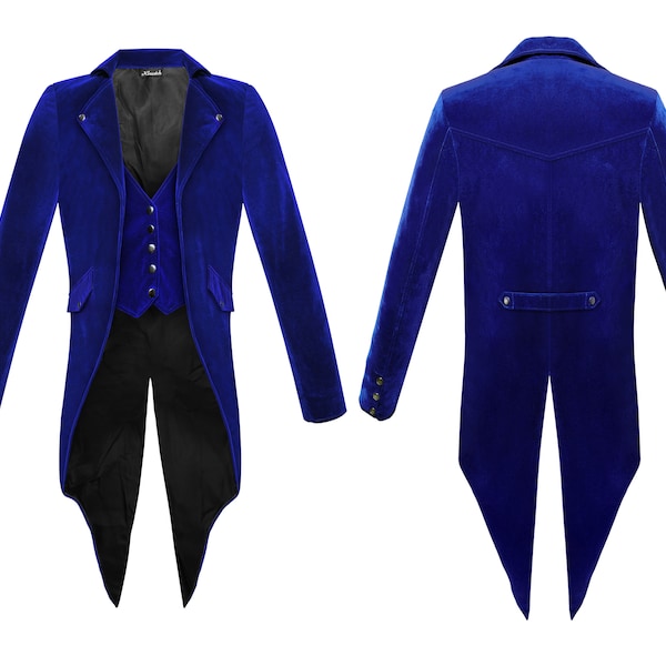 Veste queue de pie en velours steampunk bleu pour homme, manteau gothique victorien régence