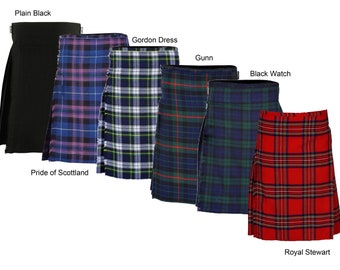 May include: Six kilts displayed in a row, featuring various patterns and colors: Plain Black, Pride of Scotland in blue and purple, Gordon Dress in blue, white, and green, Gunn in blue, green, and red, Black Watch in blue and green, and Royal Stewart in red.