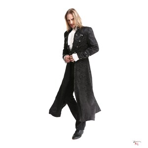 Men Black Brocade Long Retractable Gothic Coat Steampunk Victorian Wedding Outfit Trench Jacket