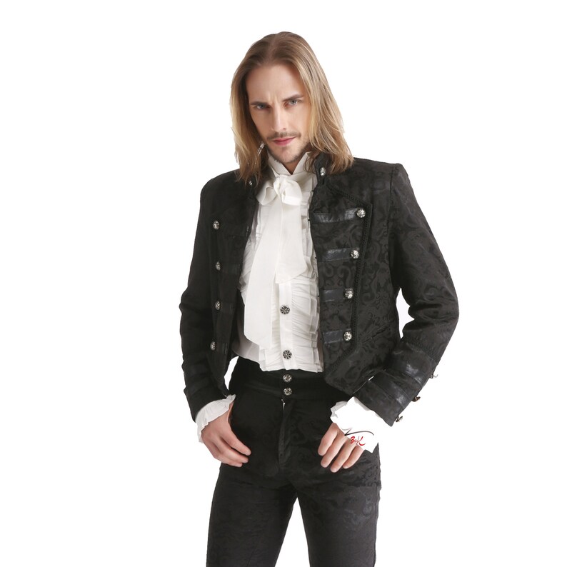 Men Black Brocade Long Retractable Gothic Coat Steampunk Victorian Wedding Outfit Trench Jacket