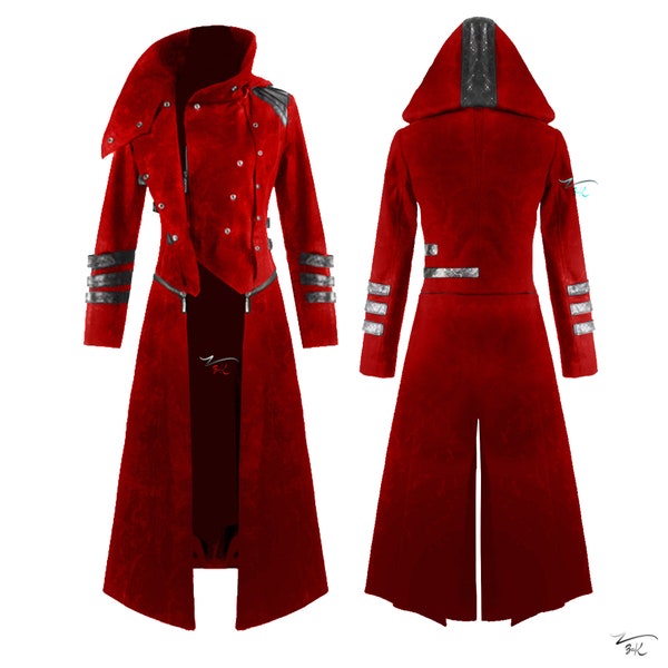 Men New Steampunk Red Scorpion Coat Long Jacket Gothic Vampire Hooded Trench