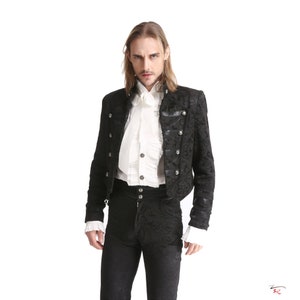 Men Black Brocade Long Retractable Gothic Coat Steampunk Victorian Wedding Outfit Trench Jacket