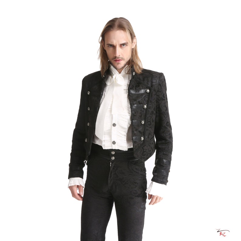 Men Black Brocade Long Retractable Gothic Coat Steampunk Victorian Wedding Outfit Trench Jacket