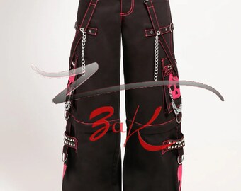 Heren gothic zwart en roze schedel bezaaid met verwijderbare kettingbroek punk rock