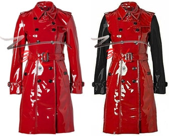 Women's Red PVC Vinyl Trench Double Breasted Coat