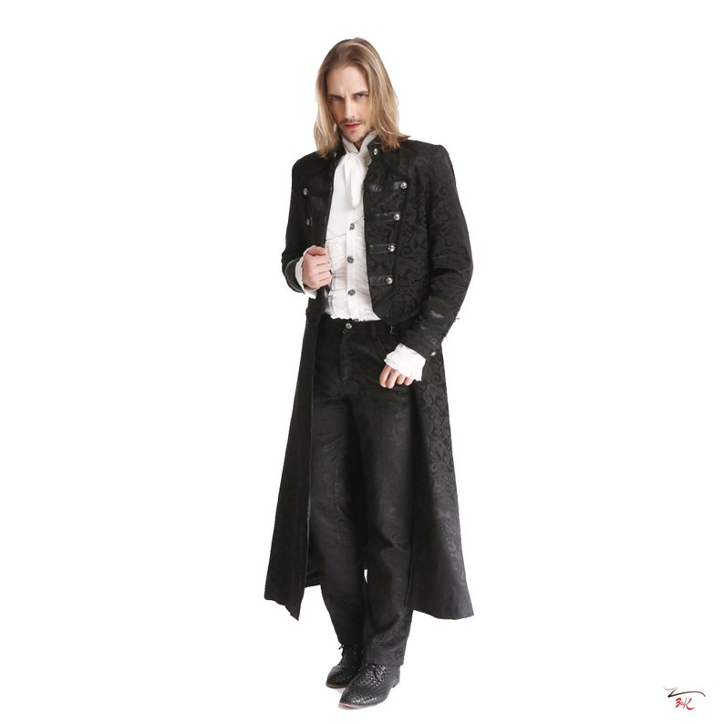 Men Black Brocade Long Retractable Gothic Coat Steampunk Victorian Wedding Outfit Trench Jacket