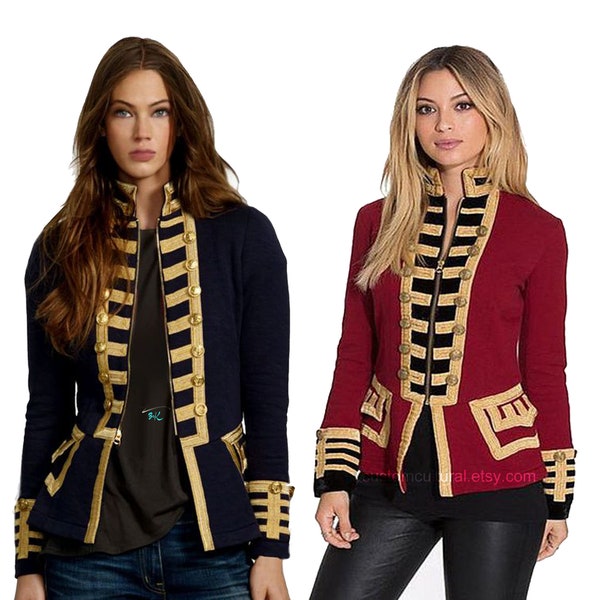 Blazer militaire pour femme, rouge/bleu, veste d'officier en molleton rouge/bleu en laine