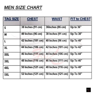 May include: A size chart titled MEN SIZE CHART with columns for TAG SIZE, CHEST, WAIST, and FIT to CHEST. The table lists sizes from S to 5XL, providing measurements in inches and centimetres for chest and waist, and fit ranges in inches.