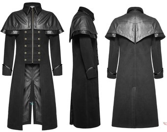Mens Black Long Trench Coat Gothic Highwayman Steampunk VTG Military Jacket