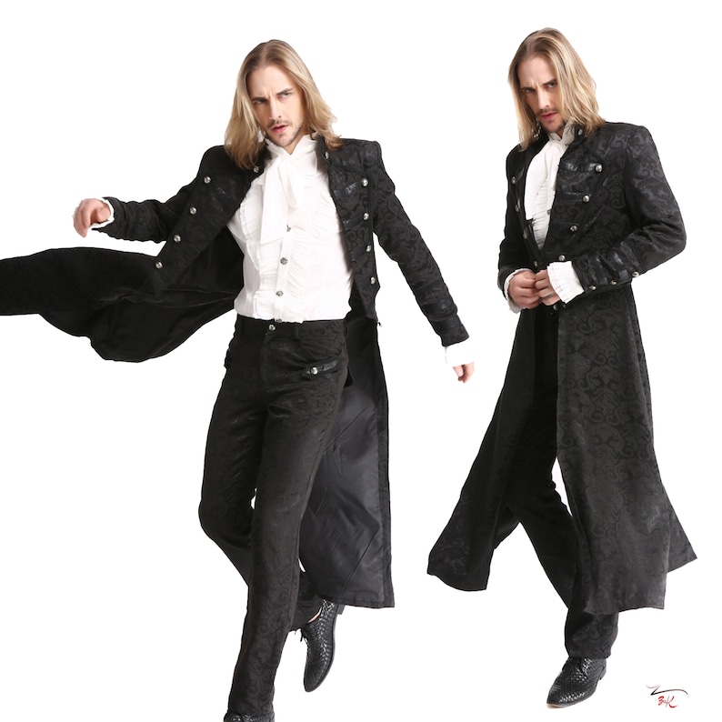 Men Black Brocade Long Retractable Gothic Coat Steampunk Victorian Wedding Outfit Trench Jacket