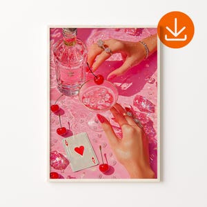 Vintage vrouw speelkaarten poster, vintage martini art print, girly gin cocktail poster, girly art print, vintage roze speelkaarten poster