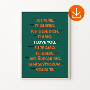 I Love You Poster in Different Languages, Inspirational Wall Art Printable, Digital Download, Retro Print Minimalist, Ti Amo, Bedroom Poster