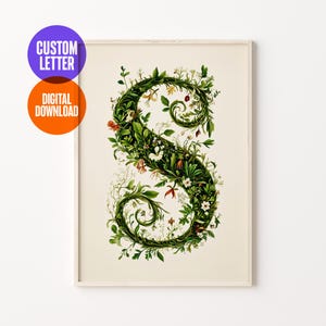 Letra botánica personalizada, impresión de letras chinoiserie, póster de letras florales personalizado, regalo para ella, impresión de alfabeto de flores personalizada