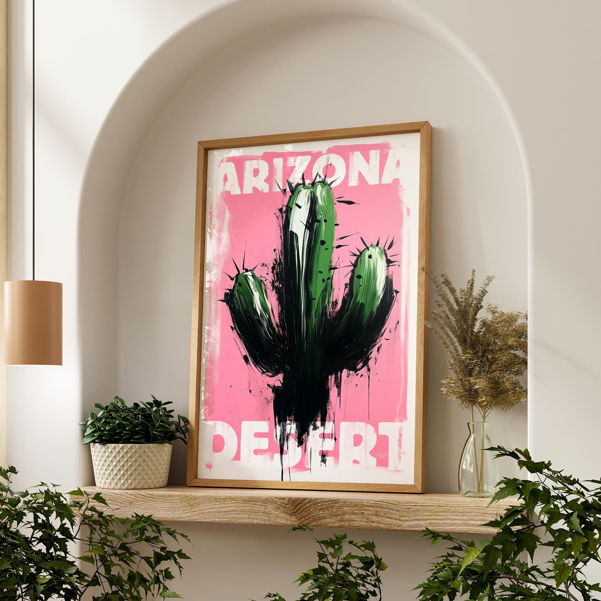 ミニマリスト 咲き乱れるポスター アリゾナサボテン マキシマリストサボテン油絵アートプリント、砂漠の花のアート